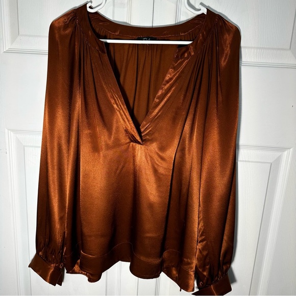 Rails Tops - Rails Satin Copper Brown V-Neck Blouse